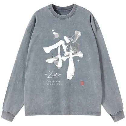 Tokyo-Lion Zen Texts Washed Long Sleeve T-Shirt-Tokyo-Lion