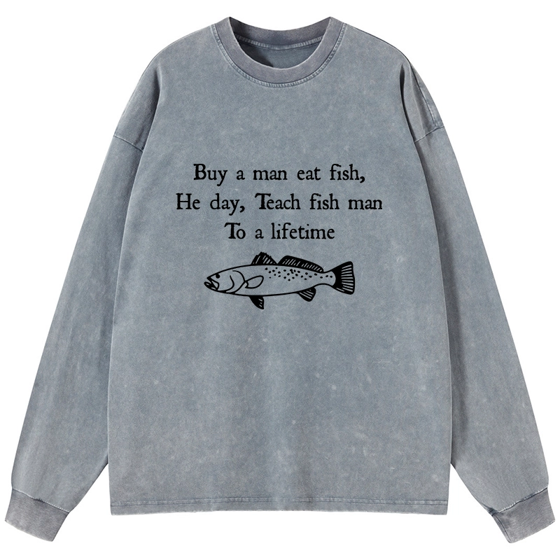 Tokyo-Lion Man Eat Fish Meme Washed Long Sleeve T-Shirt-Tokyo-Lion