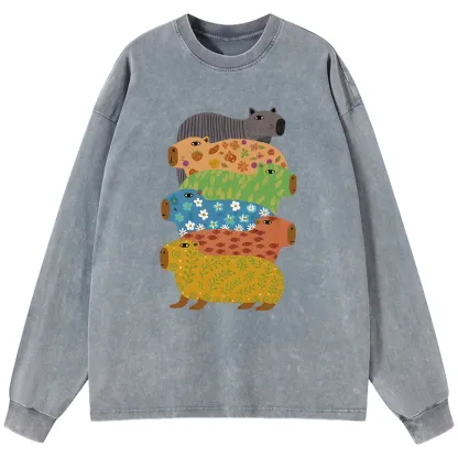 Tokyo-Lion Colorful Capybaras Washed Long Sleeve T-Shirt