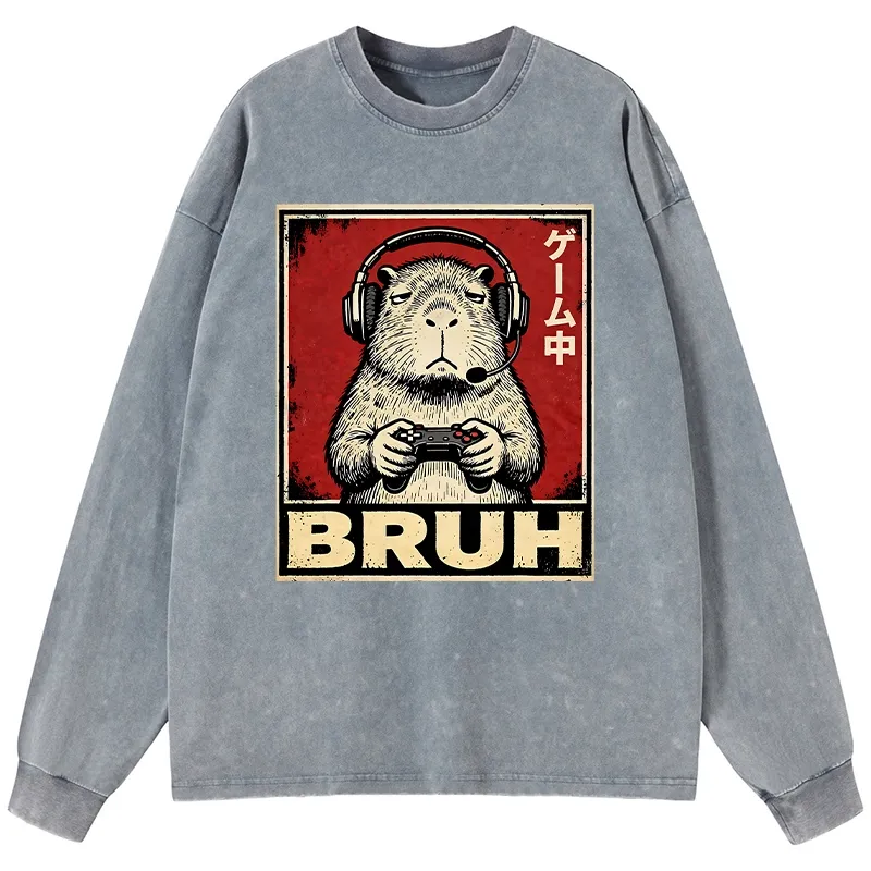 Tokyo-Lion Funny Capybara Playing Games Washed Long Sleeve T-Shirt
