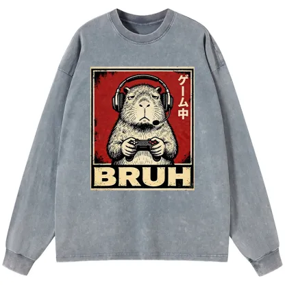 Tokyo-Lion Funny Capybara Playing Games Washed Long Sleeve T-Shirt