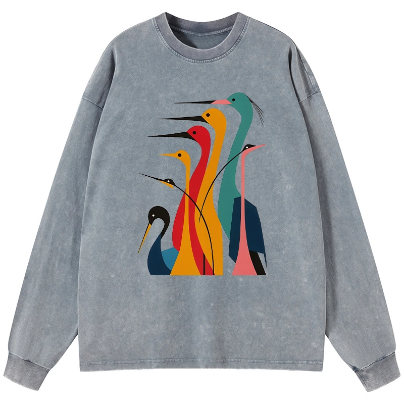 Tokyo-Lion Various Types Of Cranes Washed Long Sleeve T-Shirt