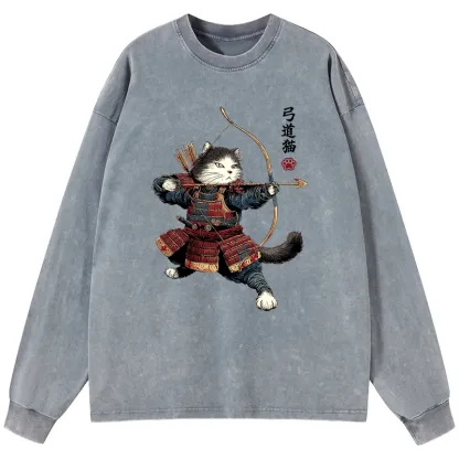 Tokyo-Lion Kyudo Samurai Cat Washed Long Sleeve T-Shirt