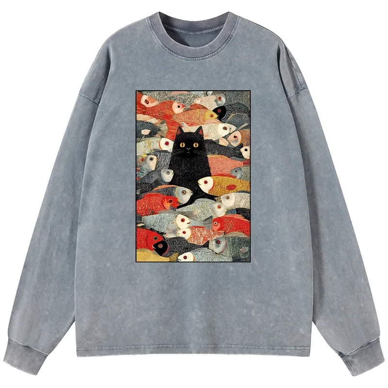 Tokyo-Lion Cats And Fish Washed Long Sleeve T-Shirt