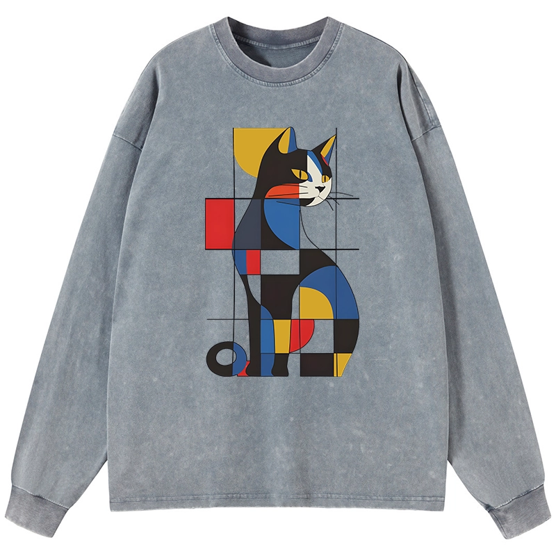 Tokyo-Lion Mondrian Cat Washed Long Sleeve T-Shirt