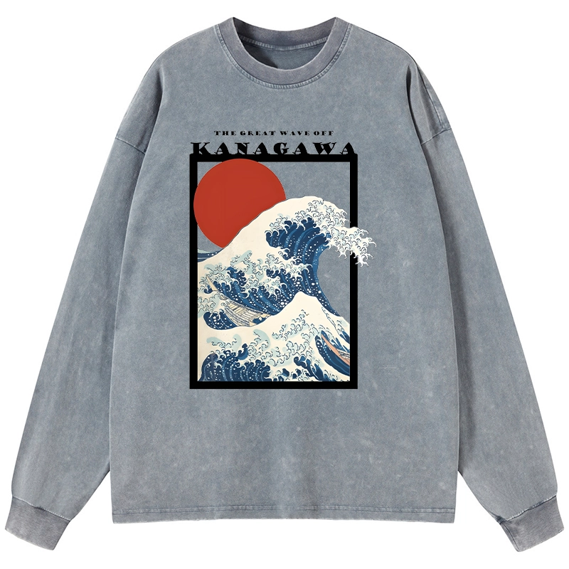 Tokyo-Lion Minimalist Ukiyo-e Waves Washed Long Sleeve T-Shirt