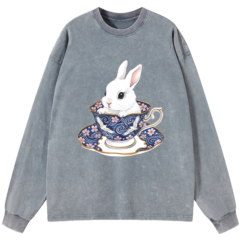 Tokyo-Lion Cute Rabbit Tea Set Washed Long Sleeve T-Shirt