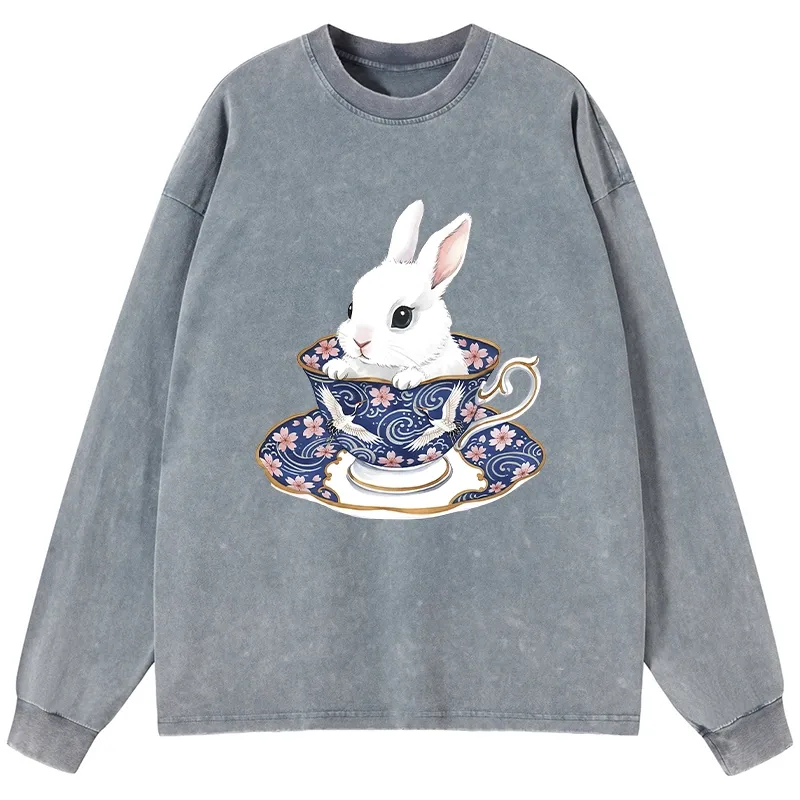 Tokyo-Lion Cute Rabbit Tea Set Washed Long Sleeve T-Shirt