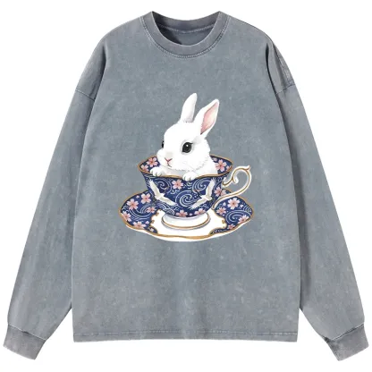 Tokyo-Lion Cute Rabbit Tea Set Washed Long Sleeve T-Shirt