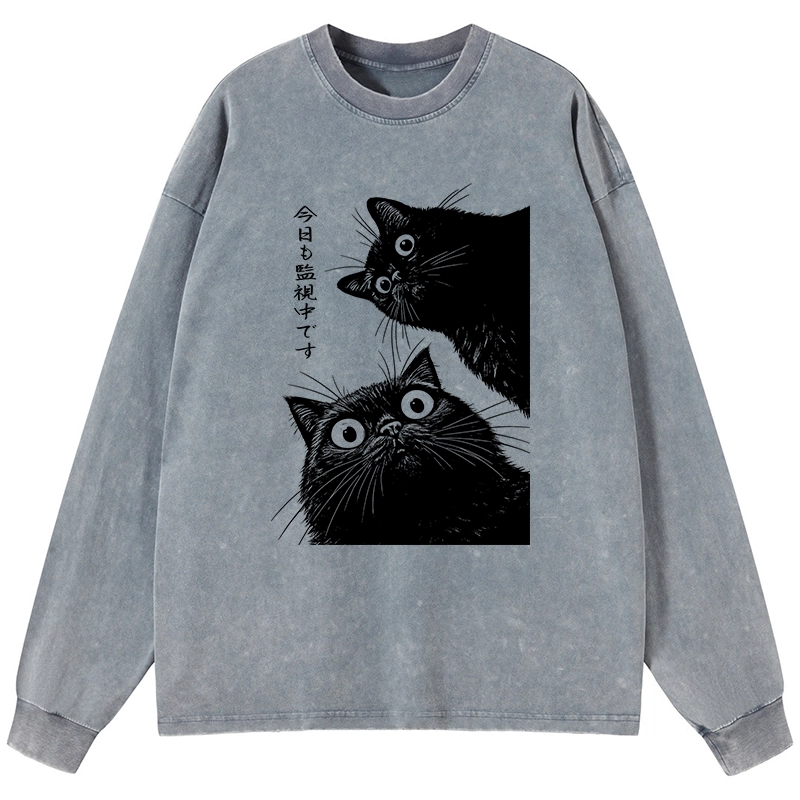 Tokyo-Lion The Cat Is Watching Today Washed Long Sleeve T-Shirt