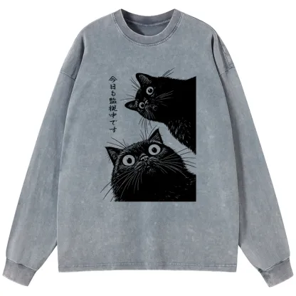 Tokyo-Lion The Cat Is Watching Today Washed Long Sleeve T-Shirt