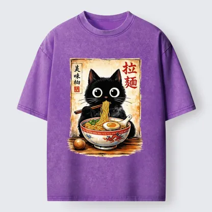 Tokyo-Lion Cute Cat Slurping Ramen Washed T-Shirt