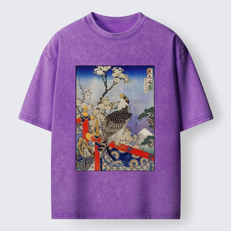 Tokyo-Lion Sakura, Eagle And Mount Fuji In Ukiyo-E Washed T-Shirt