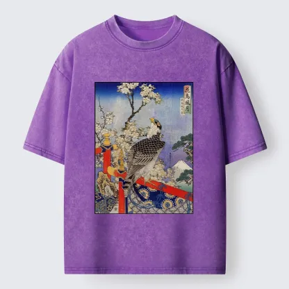 Tokyo-Lion Sakura, Eagle And Mount Fuji In Ukiyo-E Washed T-Shirt