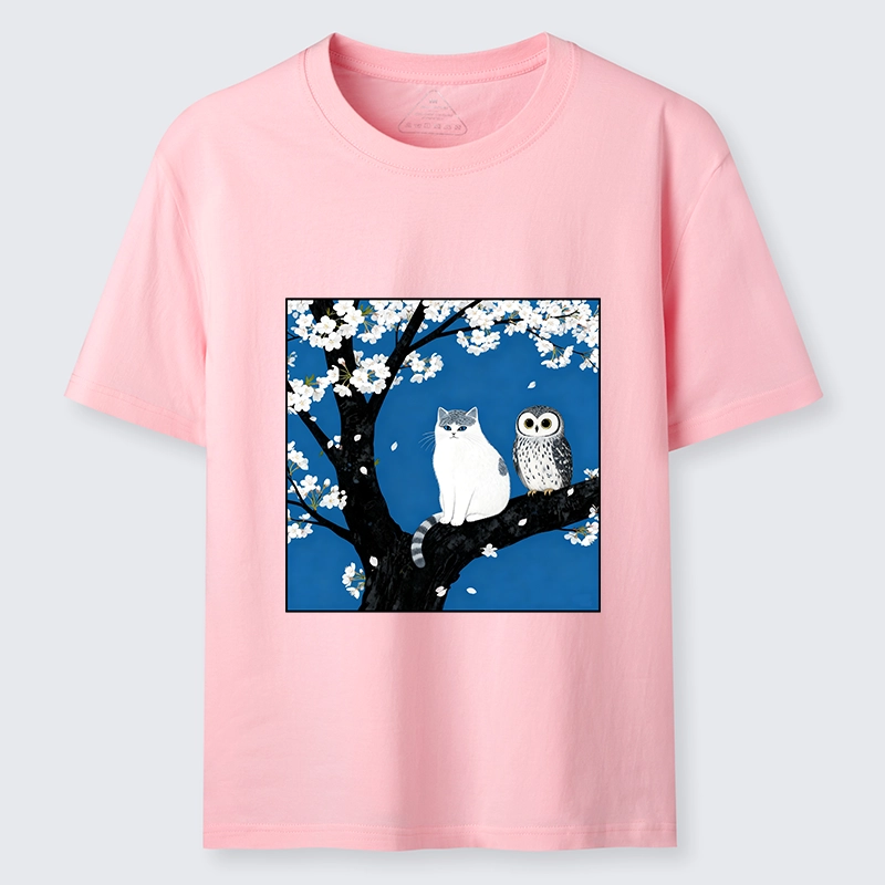Tokyo-Lion Cat And Owl Under Sakura Classic T-Shirt