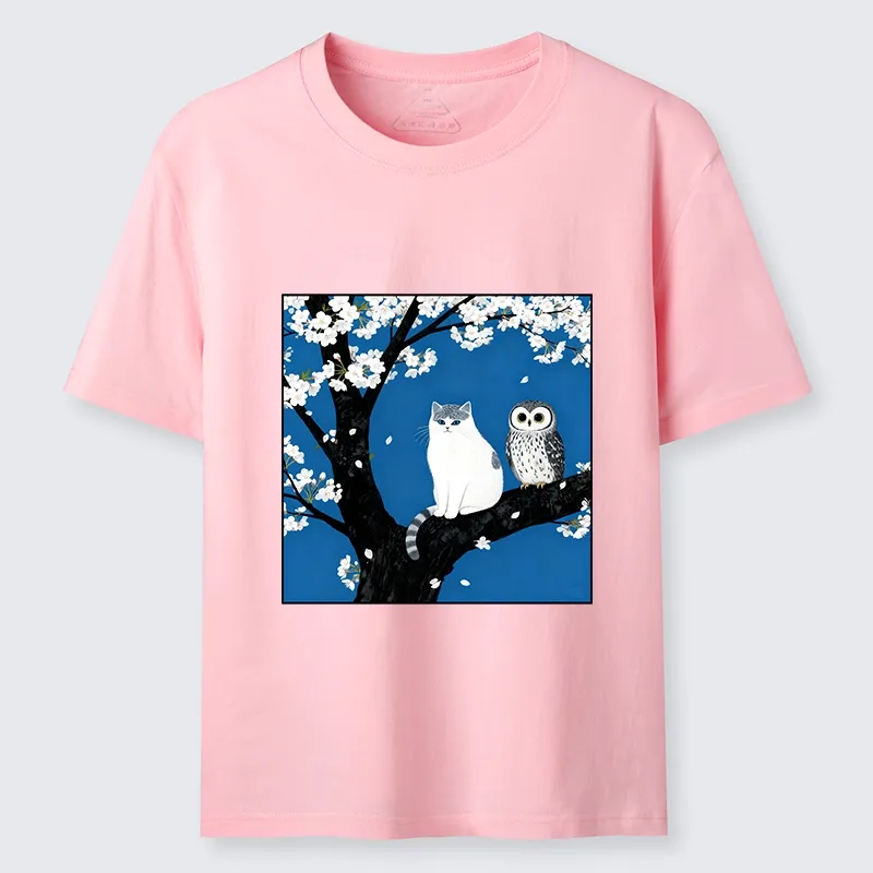 Tokyo-Lion Cat And Owl Under Sakura Classic T-Shirt