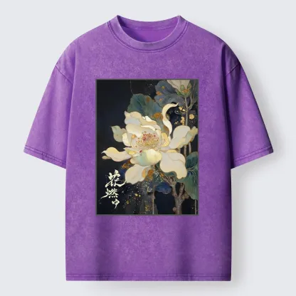 Tokyo-Lion Lotus Adorned With Golden Specks Washed T-Shirt