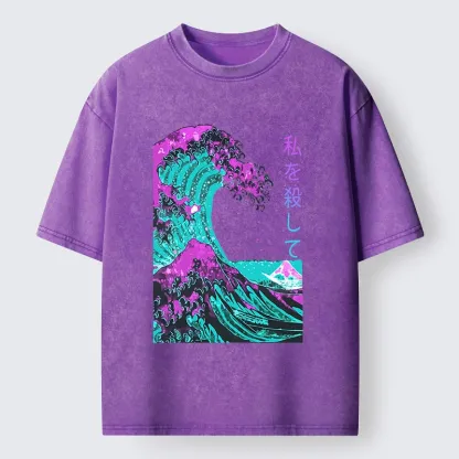 Tokyo-Lion Neon Great Wave Off Kanagawa Washed T-Shirt-Tokyo-Lion