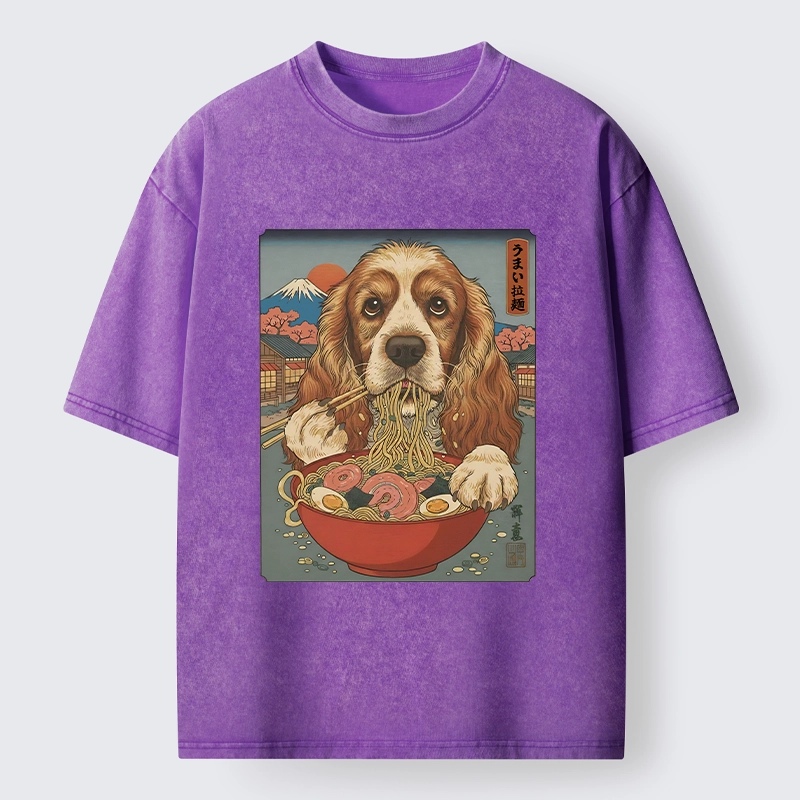 Tokyo-Lion Dog Slurping Ramen In Japanese Style Washed T-Shirt