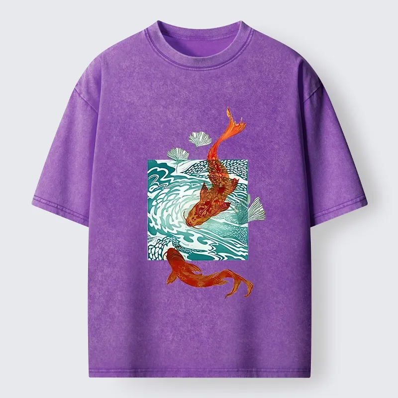 Tokyo-Lion Vibrant Koi In Wave Patterns Washed T-Shirt