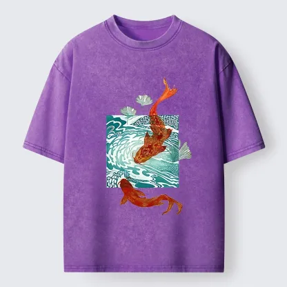 Tokyo-Lion Vibrant Koi In Wave Patterns Washed T-Shirt