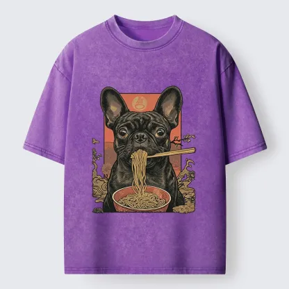 Tokyo-Lion Vintage Style Dog And Ramen Art Washed T-Shirt