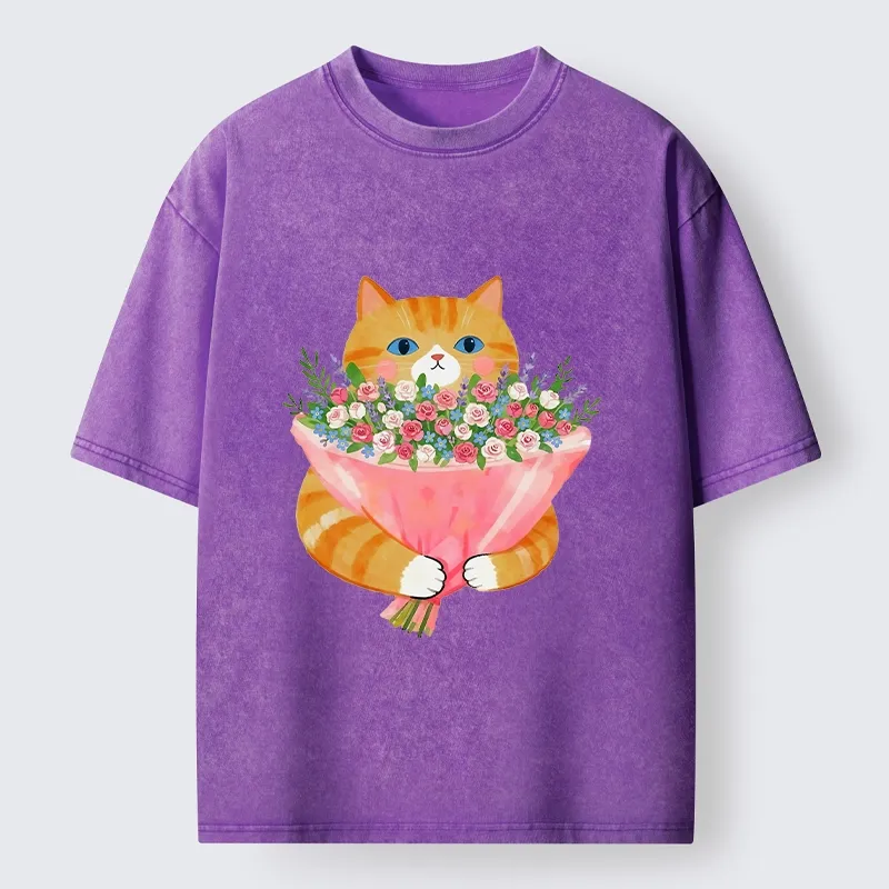 Tokyo-Lion Cozy Cat Offering A Bouquet Washed T-Shirt