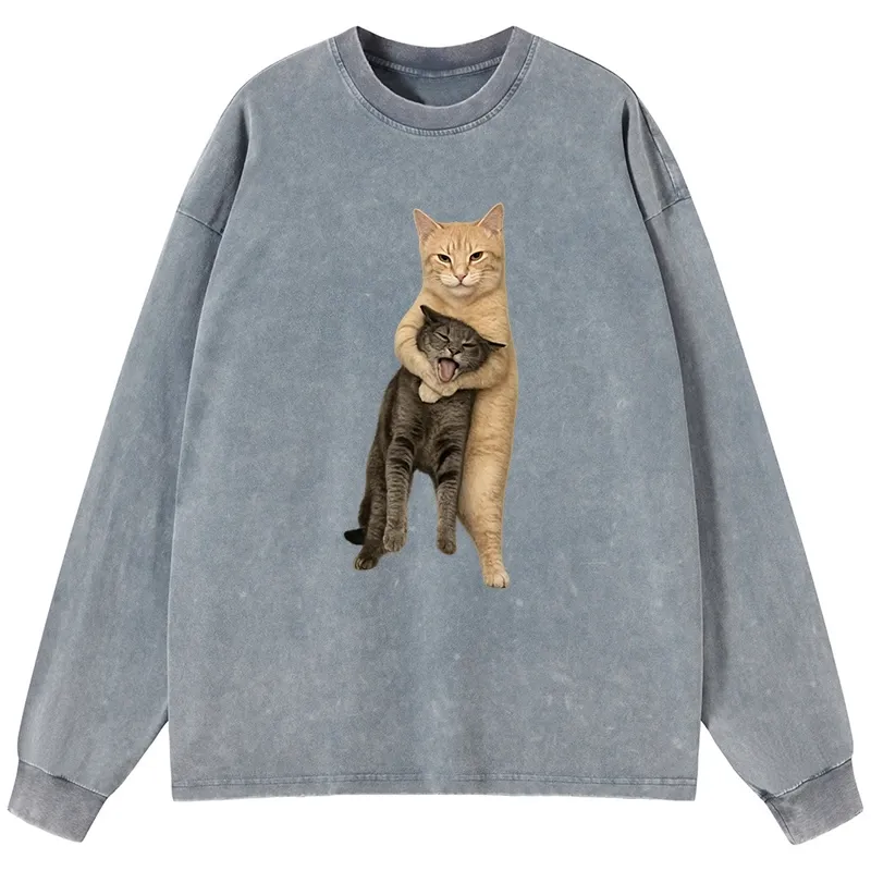 Tokyo-Lion Orange Cat’s Tight Embrace Washed Long Sleeve T-Shirt