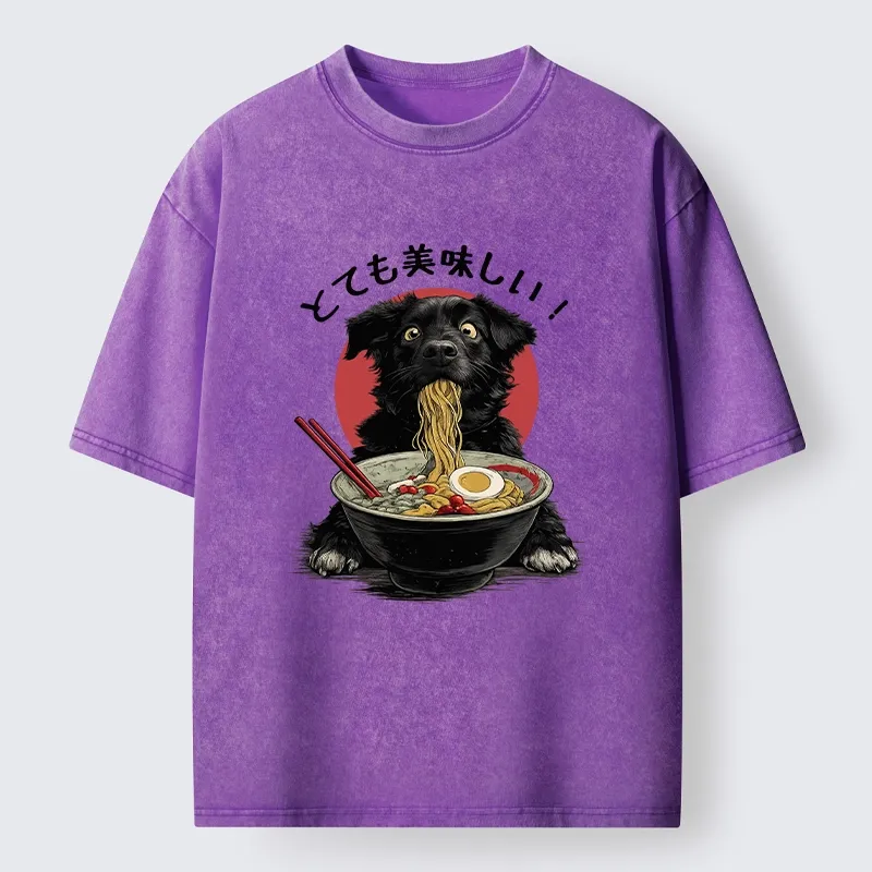 Tokyo-Lion Dog Eating Ramen Joyfully Washed T-Shirt