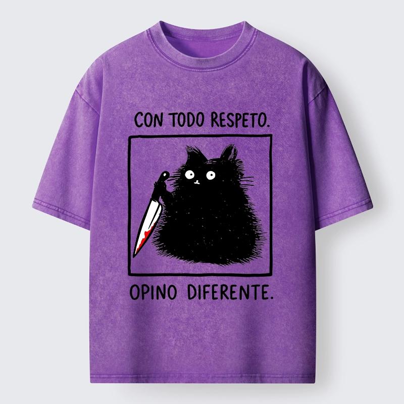 Tokyo-Lion Black Cat Holds Knife Disagrees Washed T-Shirt