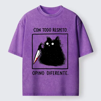 Tokyo-Lion Black Cat Holds Knife Disagrees Washed T-Shirt