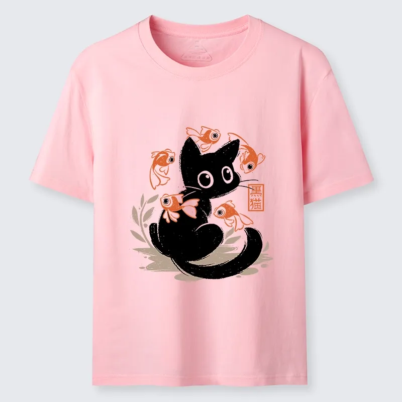 Tokyo-Lion Curious Black Cat Among Fish Classic T-Shirt-Tokyo-Lion