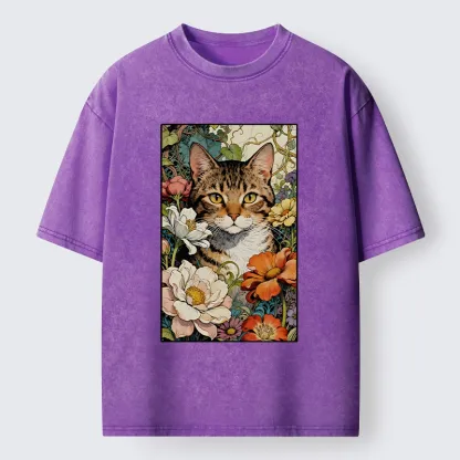Tokyo-Lion A Cat Hidden In Flowers Washed T-Shirt-Tokyo-Lion