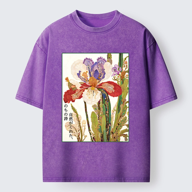 Tokyo-Lion Vintage Japanese Flower Painting Washed T-Shirt-Tokyo-Lion