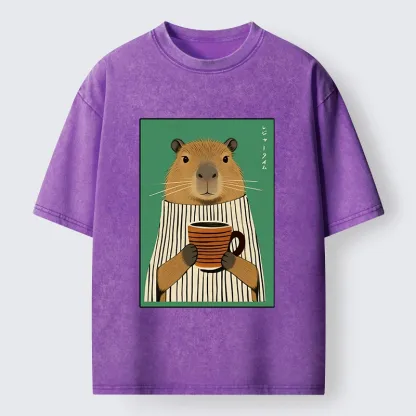 Tokyo-Lion Capybara Coffee Time Washed T-Shirt-Tokyo-Lion