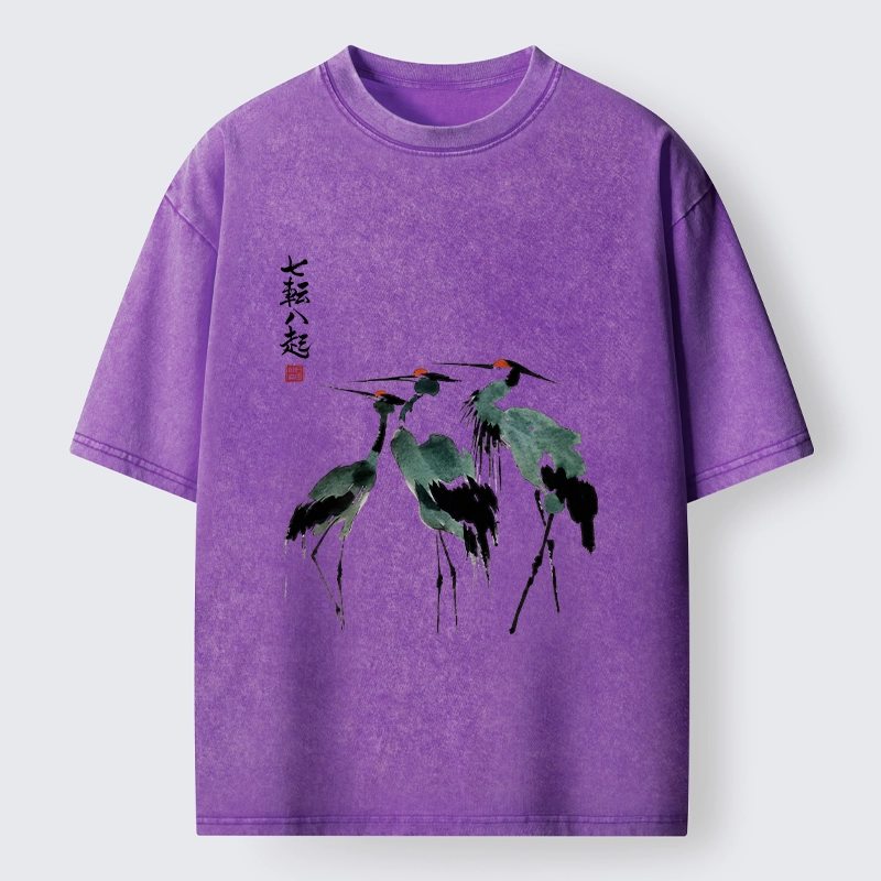 Tokyo-Lion Spirited Up Cranes Ink Painting Washed T-Shirt-Tokyo-Lion