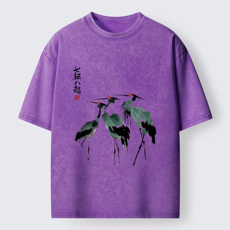 Tokyo-Lion Spirited Up Cranes Ink Painting Washed T-Shirt-Tokyo-Lion