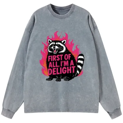 Tokyo-Lion Angry Raccoon Funny Washed Long Sleeve T-Shirt