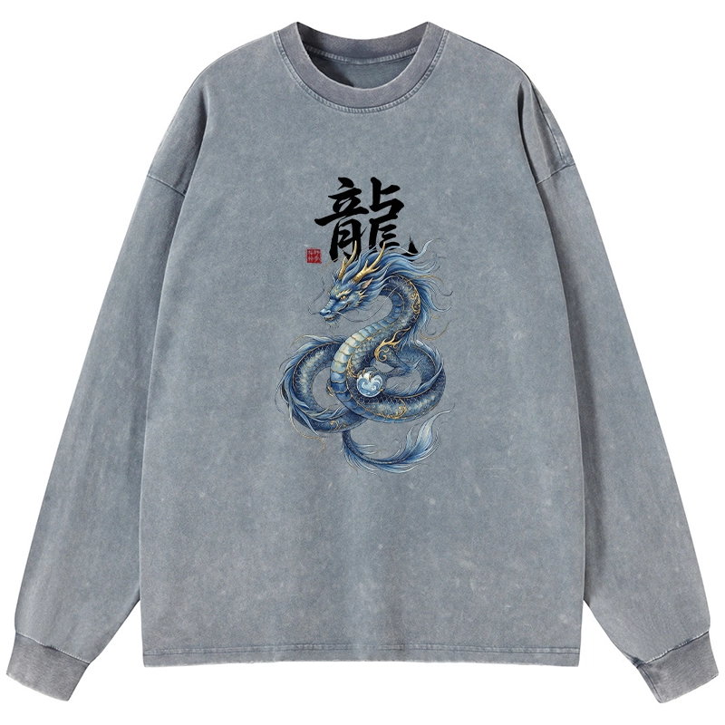 Tokyo-Lion Mythic Blue Dragon Washed Long Sleeve T-Shirt