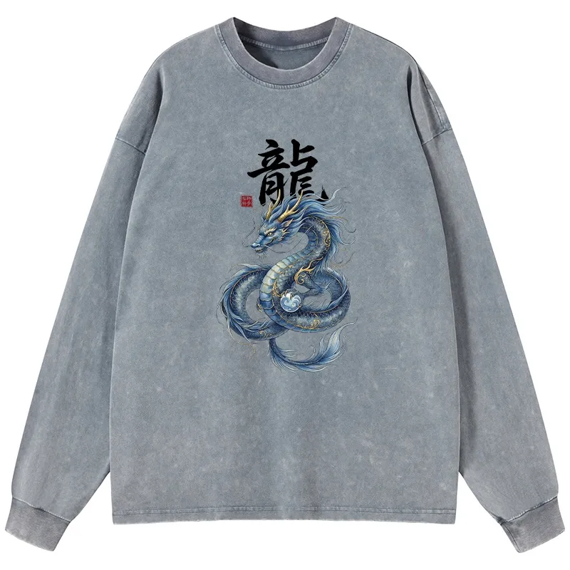 Tokyo-Lion Mythic Blue Dragon Washed Long Sleeve T-Shirt