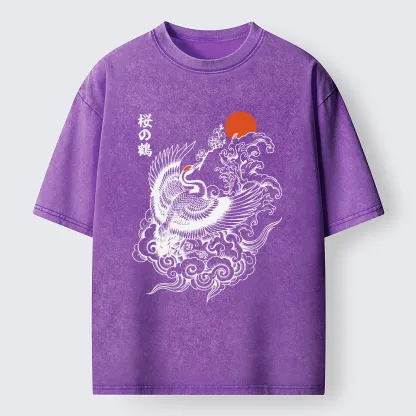 Tokyo-Lion Sakura Crane In Flight Washed T-Shirt