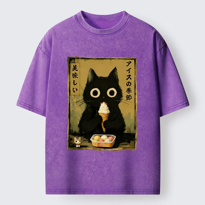 Tokyo-Lion Black Cat Loves Ice Cream Washed T-Shirt