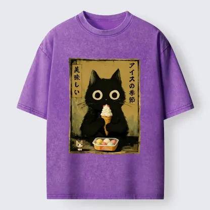 Tokyo-Lion Black Cat Loves Ice Cream Washed T-Shirt