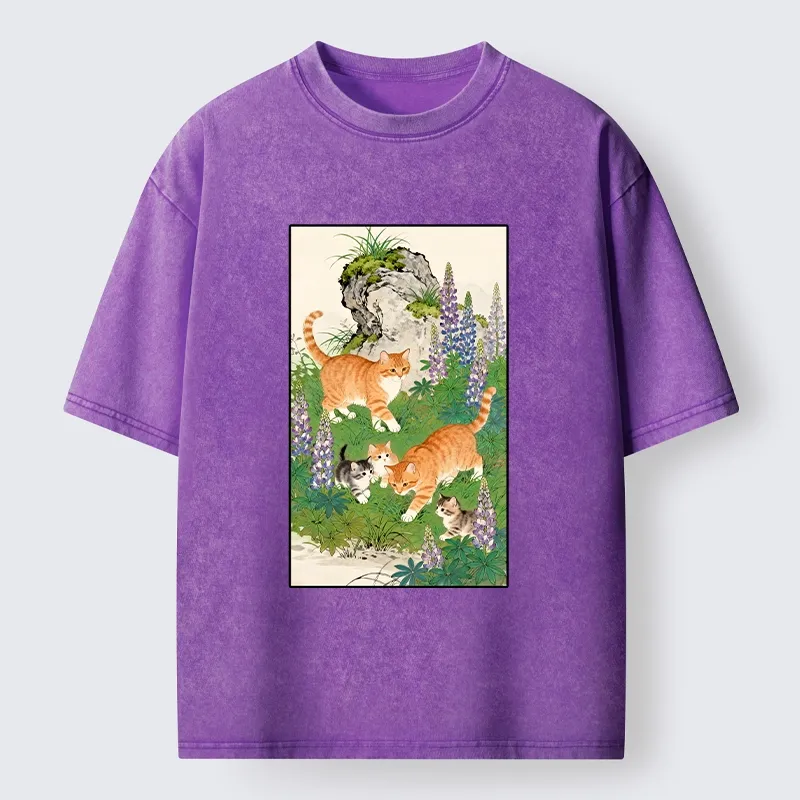 Tokyo-Lion Tabby Cats In Garden Meme Washed T-Shirt