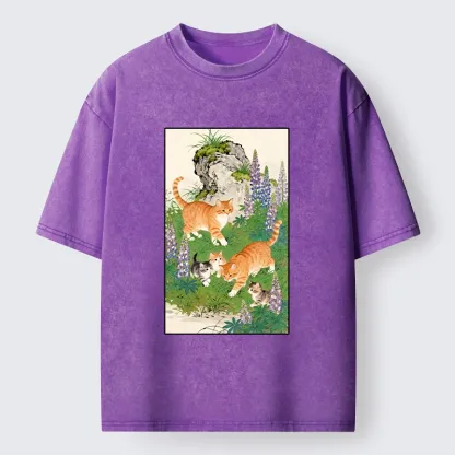 Tokyo-Lion Tabby Cats In Garden Meme Washed T-Shirt