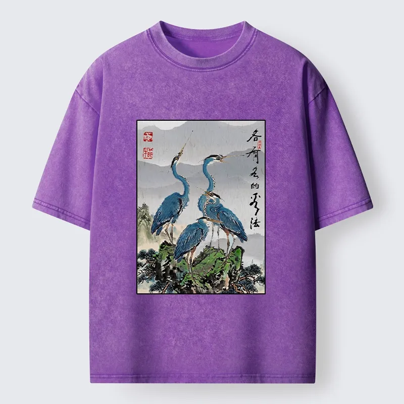 Tokyo-Lion Cranes On Rock Zen Nature Washed T-Shirt