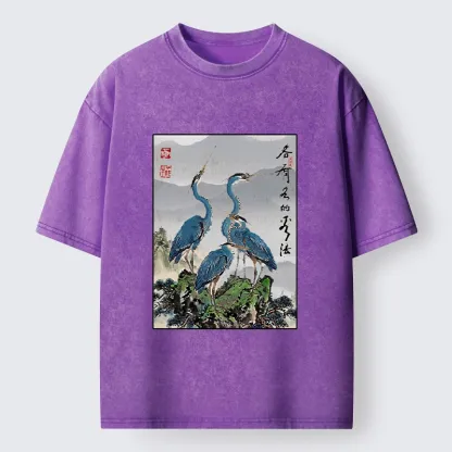 Tokyo-Lion Cranes On Rock Zen Nature Washed T-Shirt