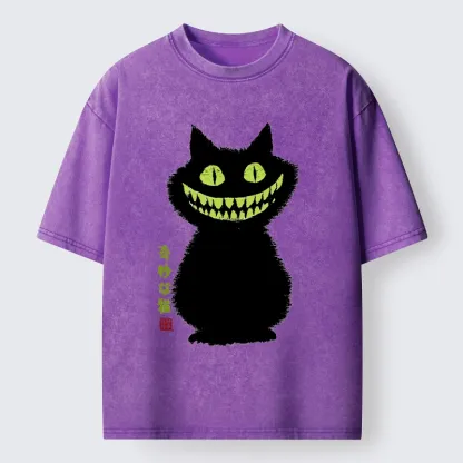Tokyo-Lion Spooky Black Cat With Green Teeth Washed T-Shirt