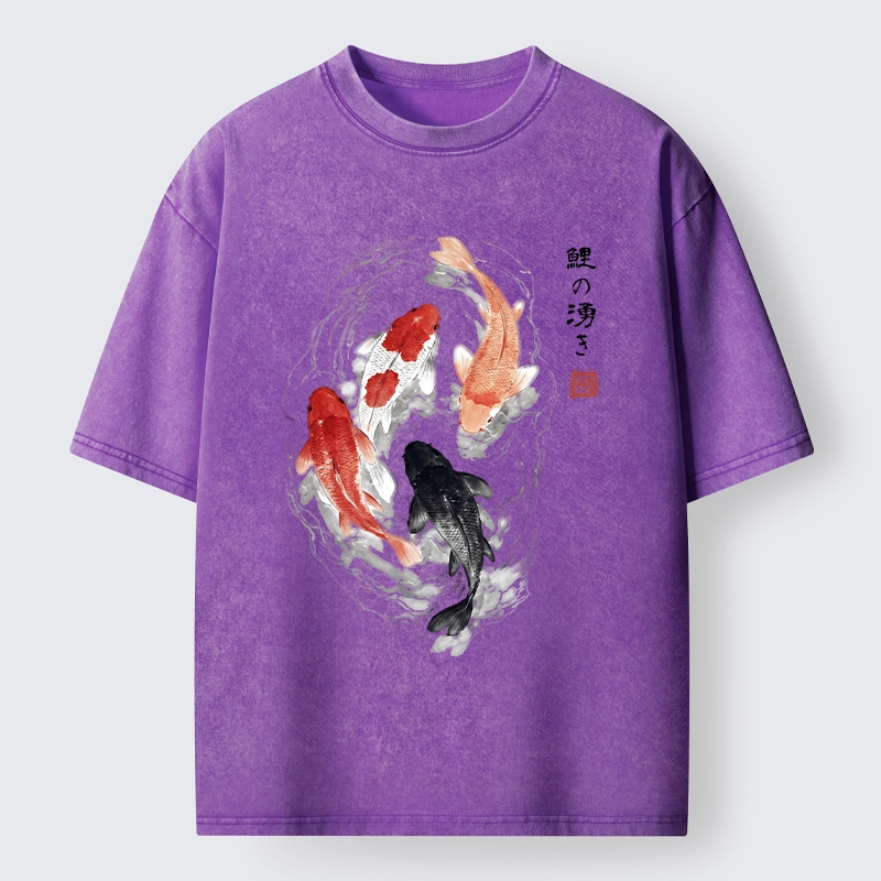 Tokyo-Lion Koi Fish Flow In Traditional Ink Style Washed T-Shirt