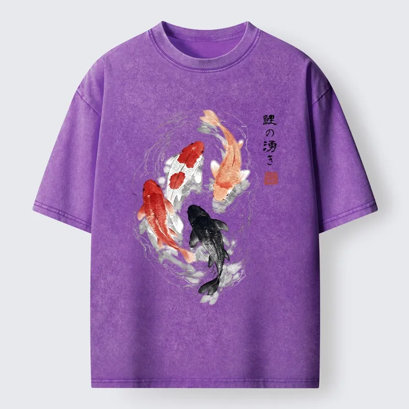 Tokyo-Lion Koi Fish Flow In Traditional Ink Style Washed T-Shirt